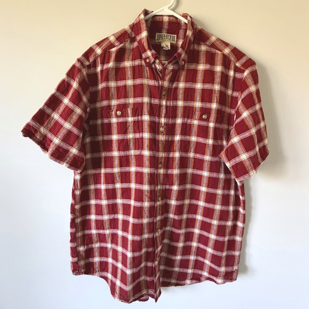 Duluth Trading Co Mens Large Red Plaid Hemp Organic Cotton Short Sleeve Shirt - Picture 2 of 10